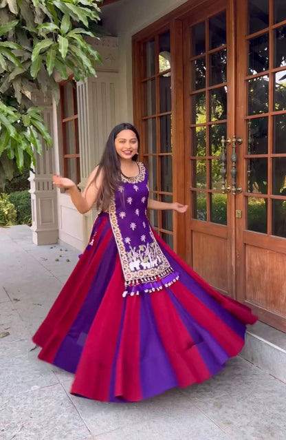 Women’s Navratri Special Vichitra Silk Lehenga Choli with Shrug | 6 Meter Flair Designer Festive Outfit