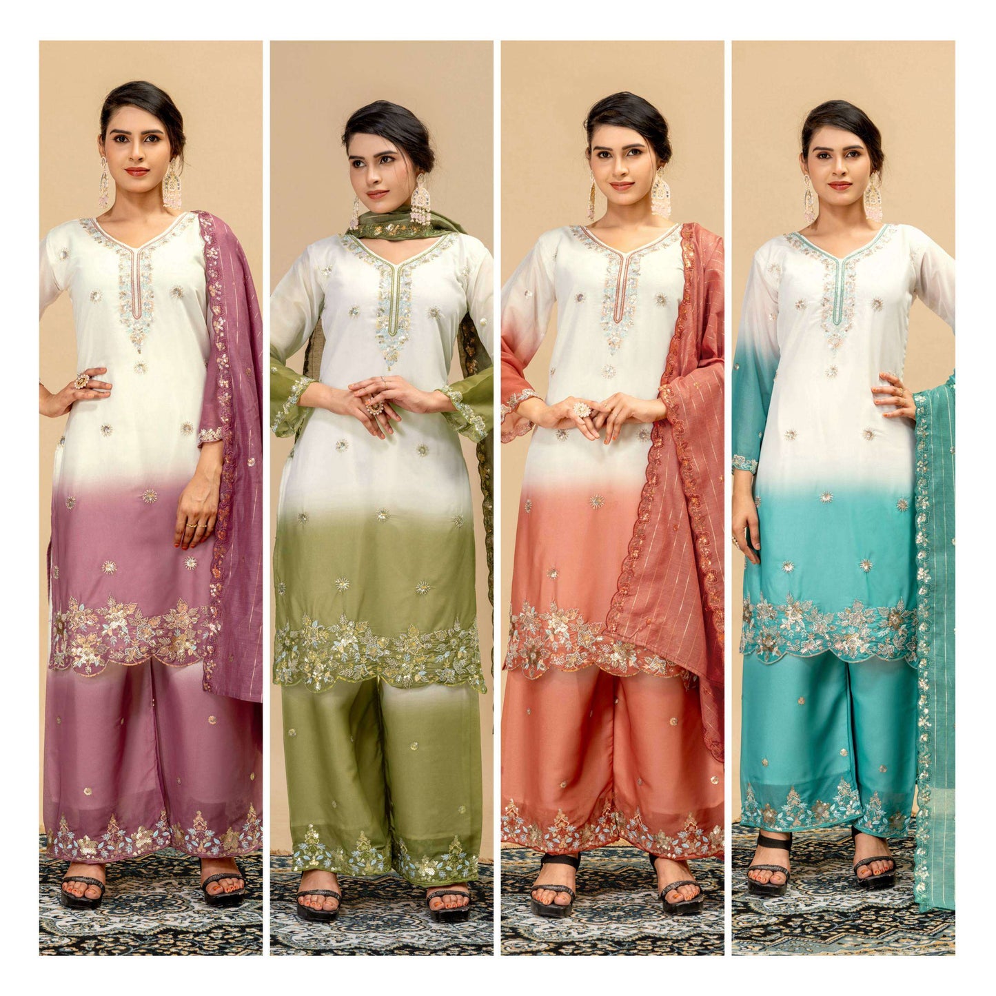 women’s 3 piece star georgette kurti palazzo dupatta set | heavy beads & cut dana embroidery work