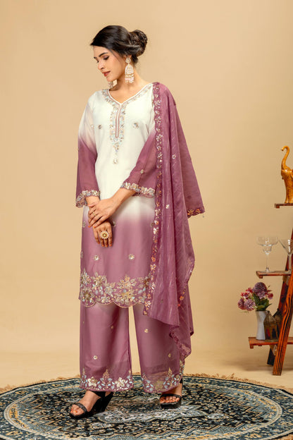 Women’s 3 Piece Star Georgette Kurti Palazzo Dupatta Set | Heavy Beads & Cut Dana Embroidery Work