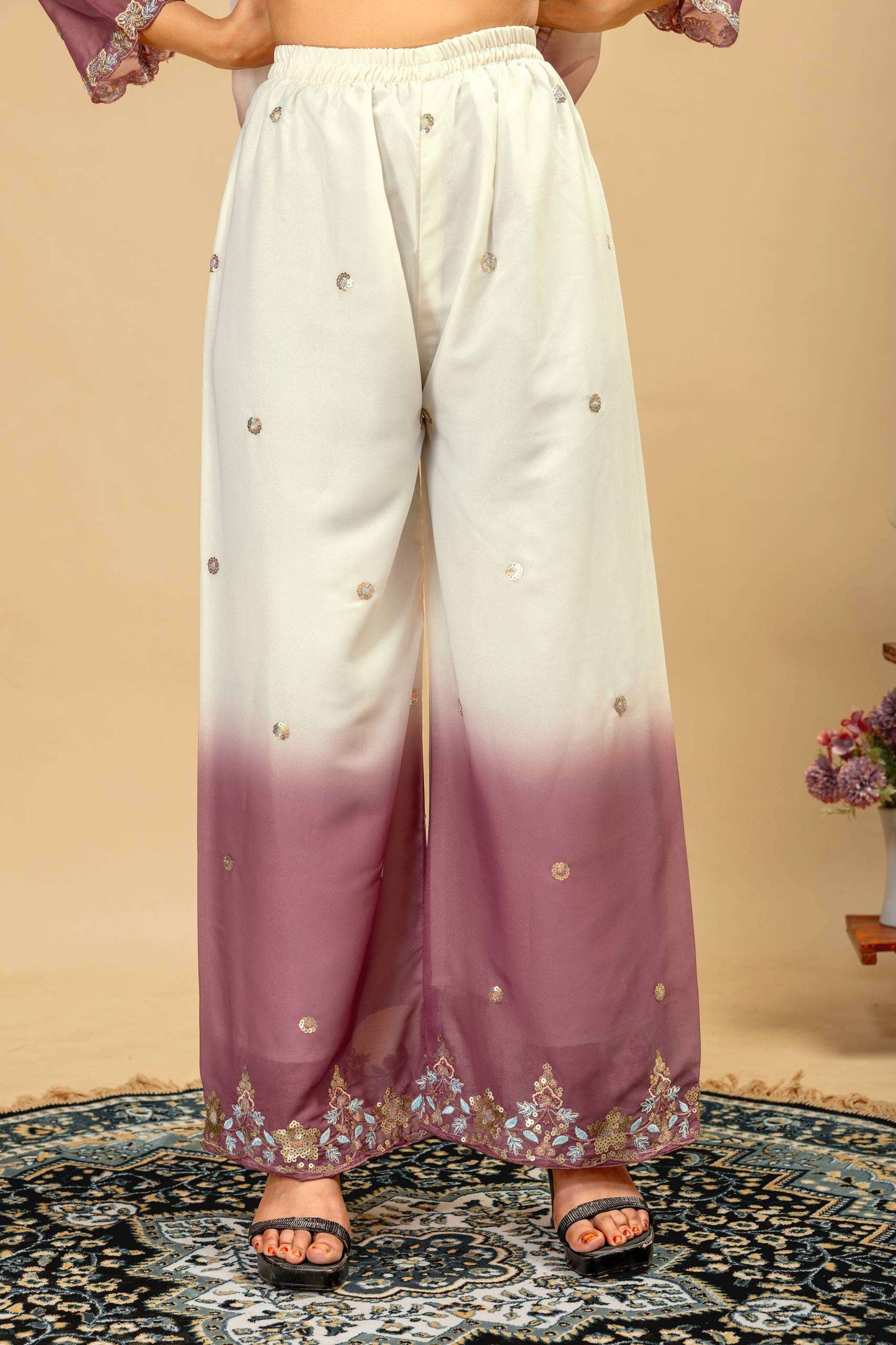women’s 3 piece star georgette kurti palazzo dupatta set | heavy beads & cut dana embroidery work