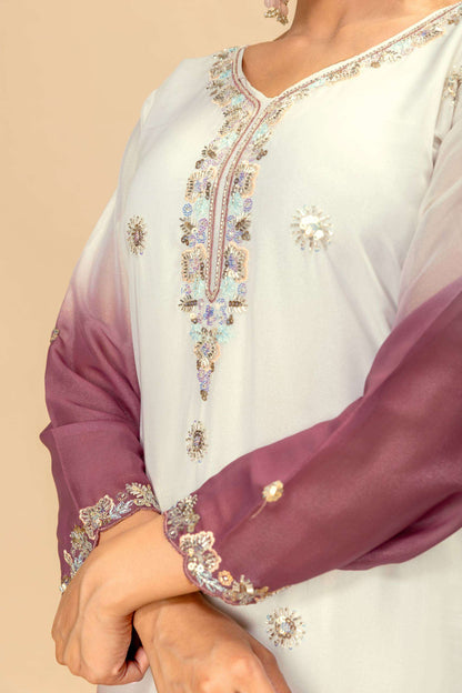 Women’s 3 Piece Star Georgette Kurti Palazzo Dupatta Set | Heavy Beads & Cut Dana Embroidery Work