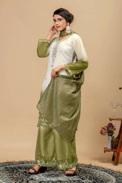 Women’s 3 Piece Star Georgette Kurti Palazzo Dupatta Set | Heavy Beads & Cut Dana Embroidery Work