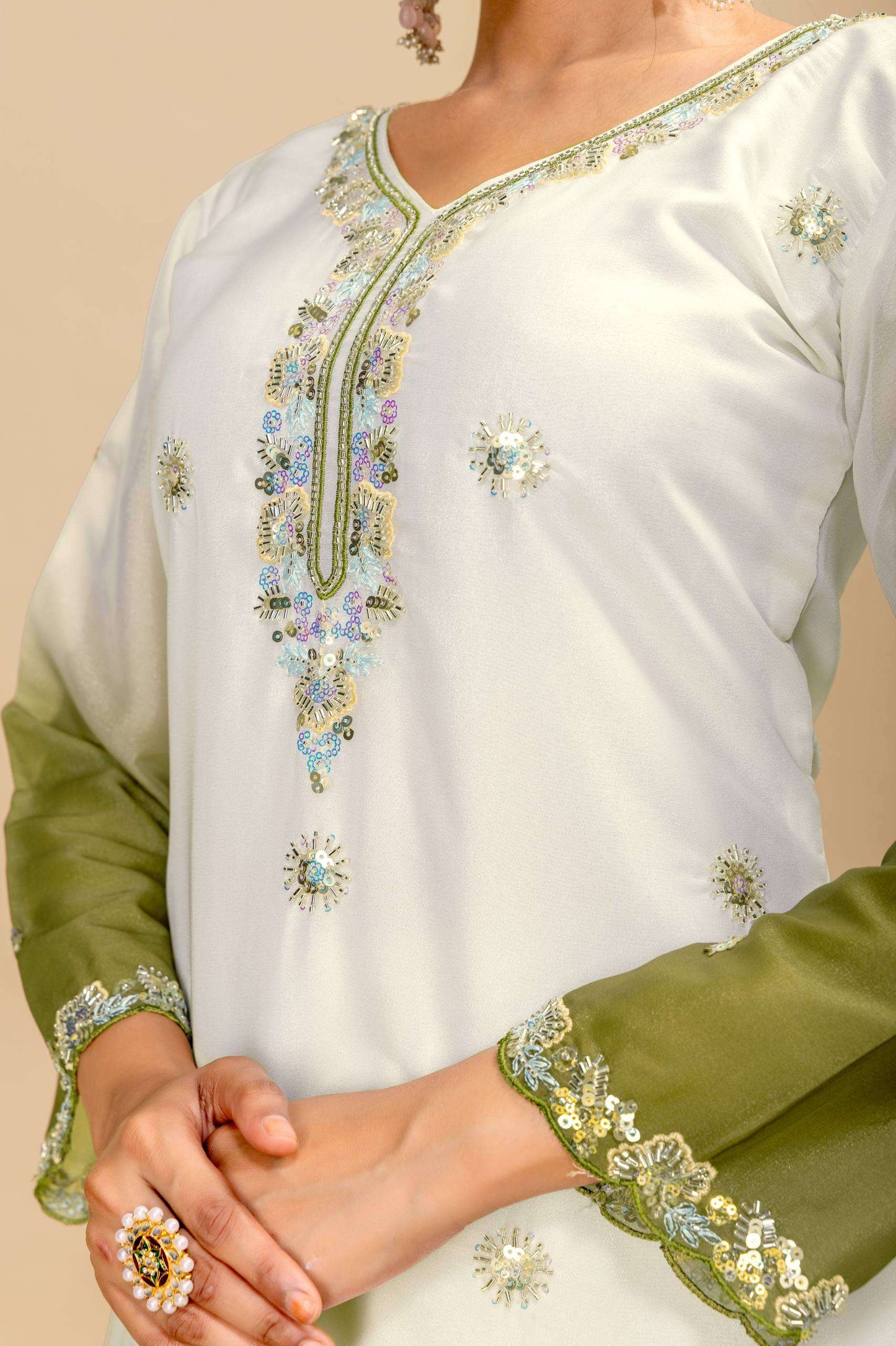 women’s 3 piece star georgette kurti palazzo dupatta set | heavy beads & cut dana embroidery work