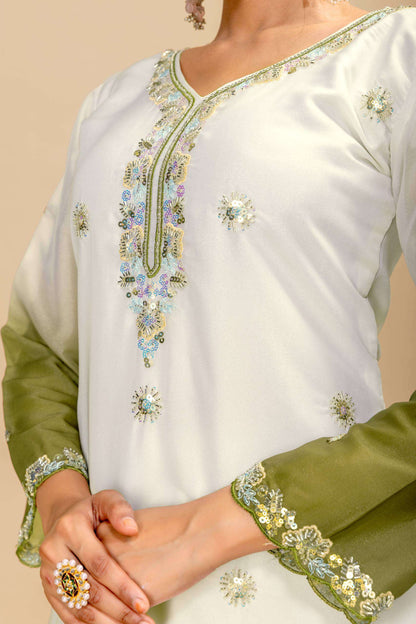 Women’s 3 Piece Star Georgette Kurti Palazzo Dupatta Set | Heavy Beads & Cut Dana Embroidery Work