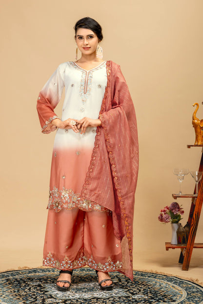 Women’s 3 Piece Star Georgette Kurti Palazzo Dupatta Set | Heavy Beads & Cut Dana Embroidery Work