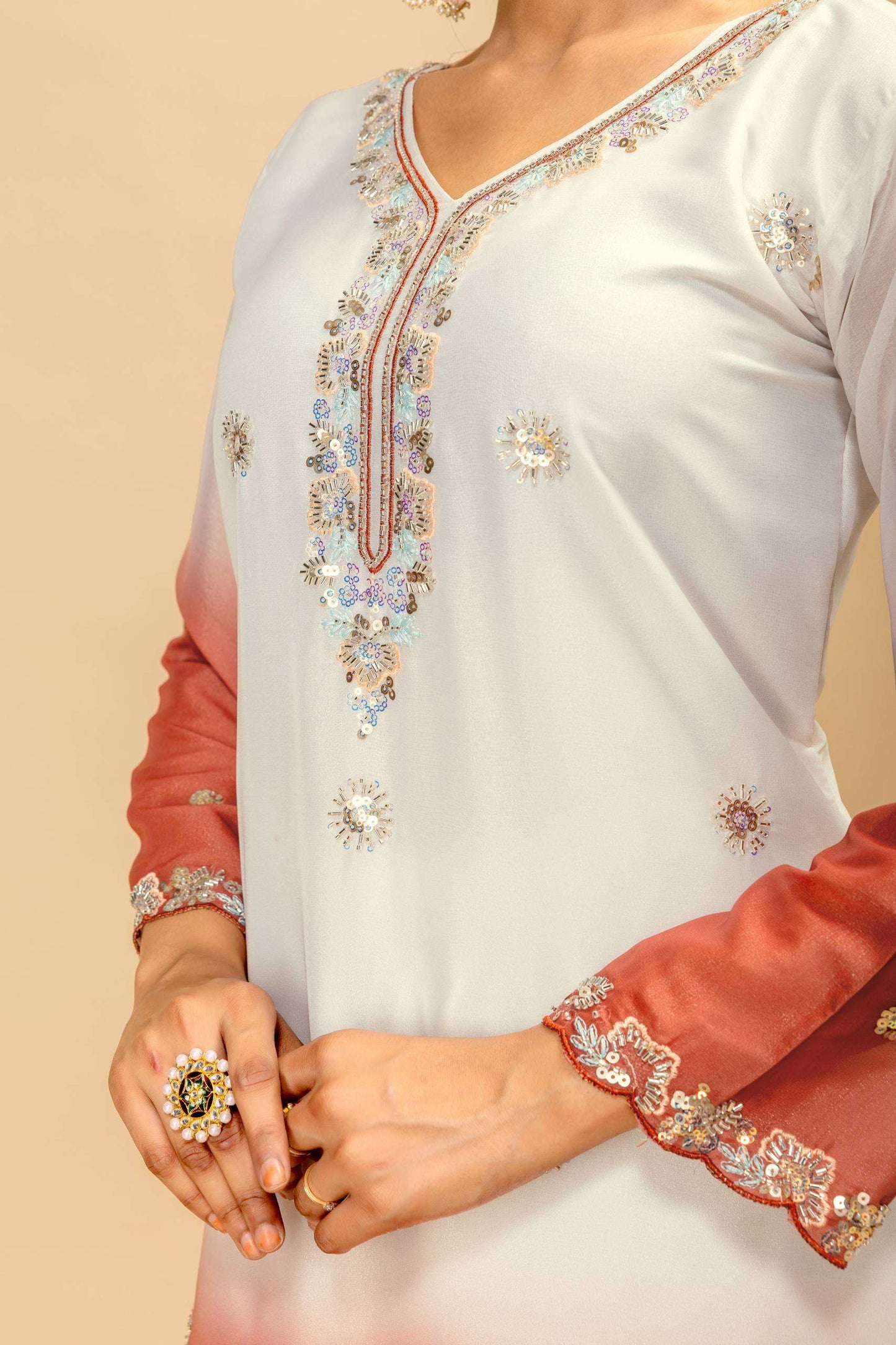 women’s 3 piece star georgette kurti palazzo dupatta set | heavy beads & cut dana embroidery work