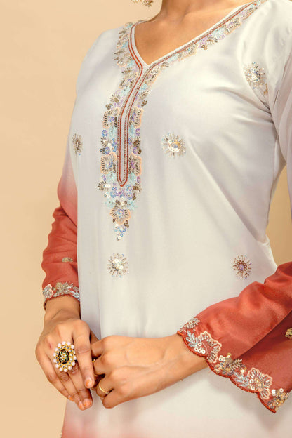 Women’s 3 Piece Star Georgette Kurti Palazzo Dupatta Set | Heavy Beads & Cut Dana Embroidery Work