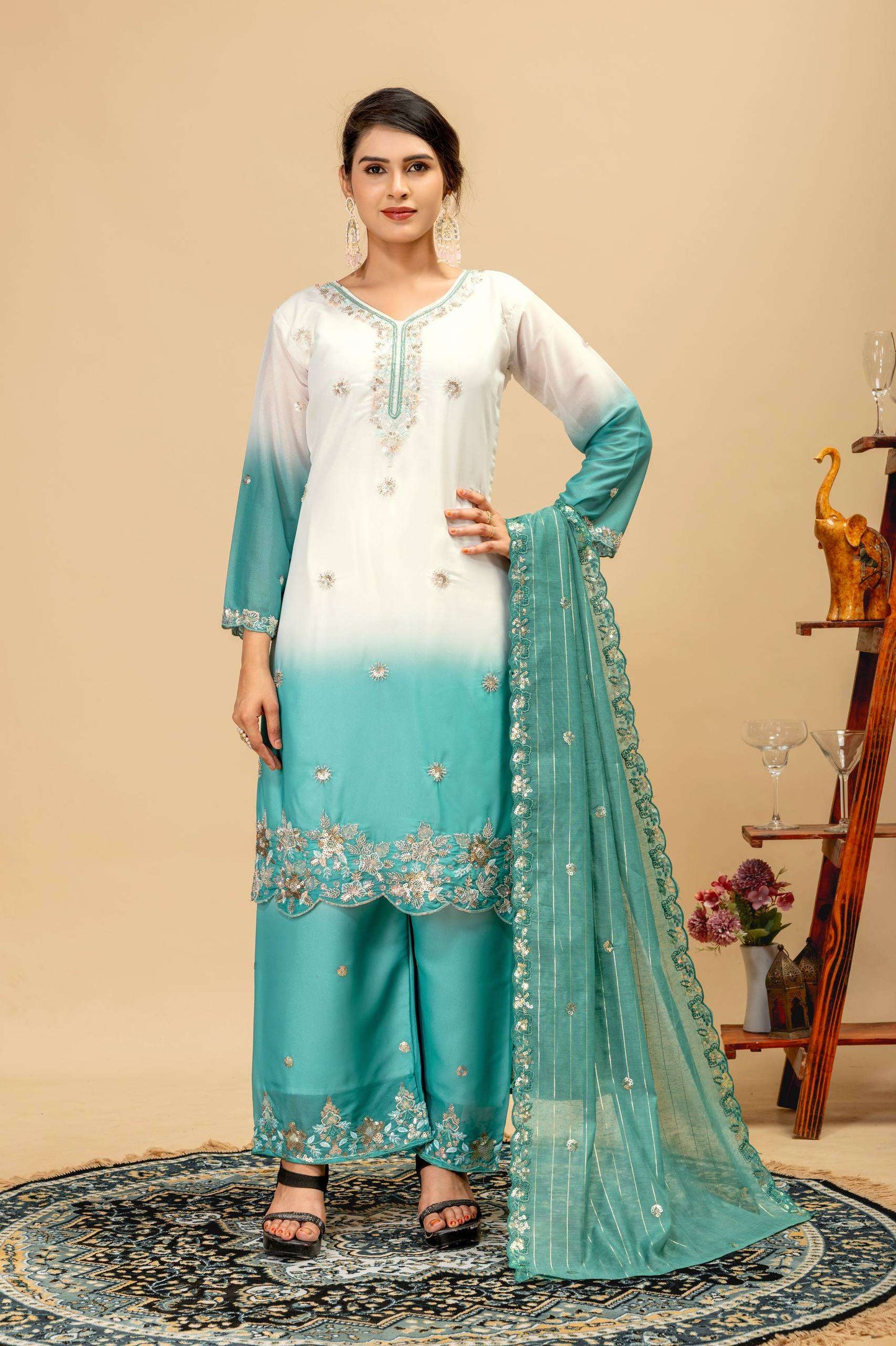 women’s 3 piece star georgette kurti palazzo dupatta set | heavy beads & cut dana embroidery work