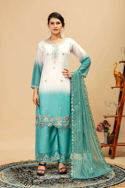 Women’s 3 Piece Star Georgette Kurti Palazzo Dupatta Set | Heavy Beads & Cut Dana Embroidery Work