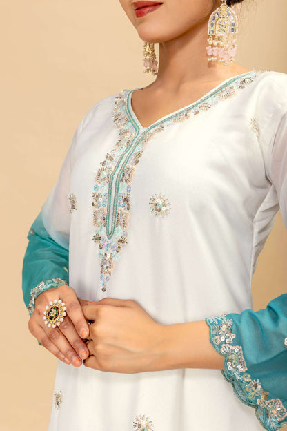 Women’s 3 Piece Star Georgette Kurti Palazzo Dupatta Set | Heavy Beads & Cut Dana Embroidery Work