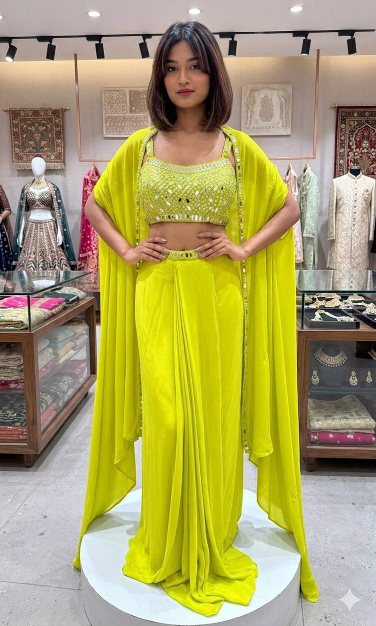 women’s 3 piece embroidered skirt set with real mirror work | blouse, skirt & long shrug co-ord set