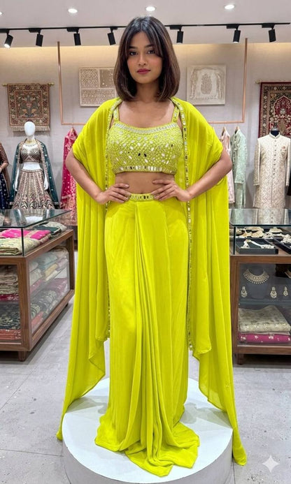 Women’s 3 Piece Embroidered Skirt Set with Real Mirror Work | Blouse, Skirt & Long Shrug Co-Ord Set