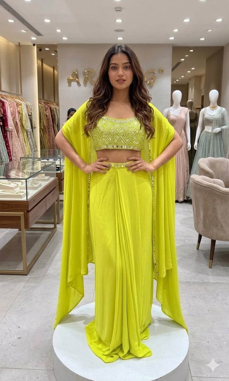 women’s 3 piece embroidered skirt set with real mirror work | blouse, skirt & long shrug co-ord set