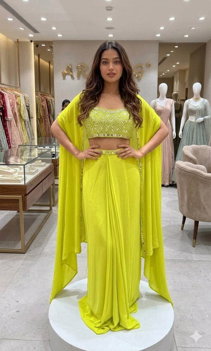 Women’s 3 Piece Embroidered Skirt Set with Real Mirror Work | Blouse, Skirt & Long Shrug Co-Ord Set
