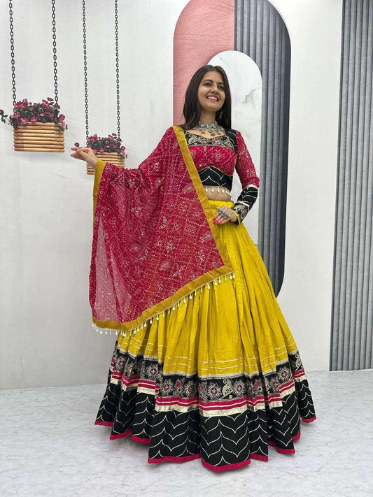 Women’s Navratri Special Rayon Cotton Lehenga Choli with Dupatta | Embroidery Thread & Sequence Work | 6 Meter Flair Fashion Kreza