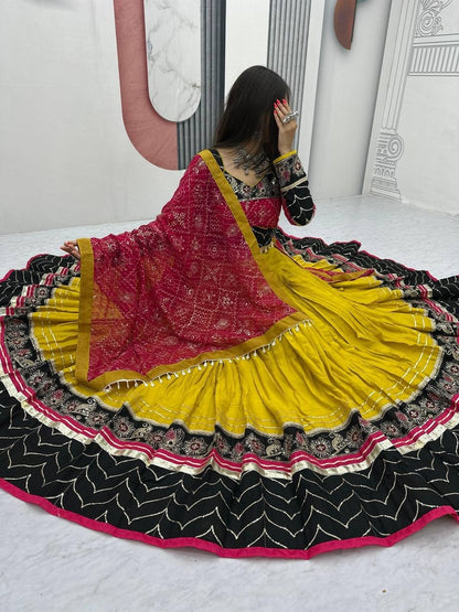 Women’s Navratri Special Rayon Cotton Lehenga Choli with Dupatta | Embroidery Thread & Sequence Work | 6 Meter Flair