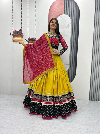 Women’s Navratri Special Rayon Cotton Lehenga Choli with Dupatta | Embroidery Thread & Sequence Work | 6 Meter Flair