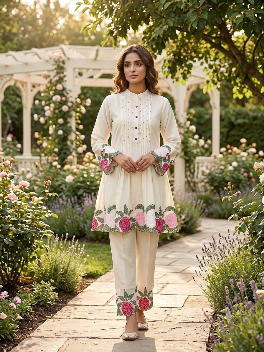 women’s roman fabric embroidered co-ord set | stylish top & pant set | designer casual wear