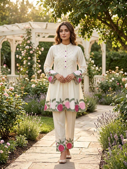 Women’s Roman Fabric Embroidered Co-Ord Set | Stylish Top & Pant Set | Designer Casual Wear