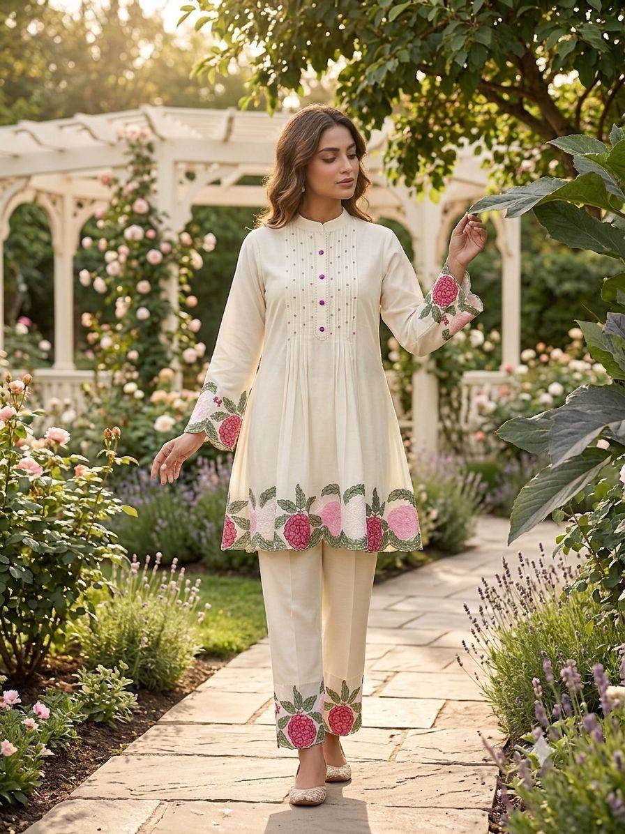 women’s roman fabric embroidered co-ord set | stylish top & pant set | designer casual wear