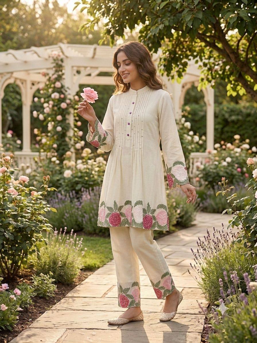 women’s roman fabric embroidered co-ord set | stylish top & pant set | designer casual wear
