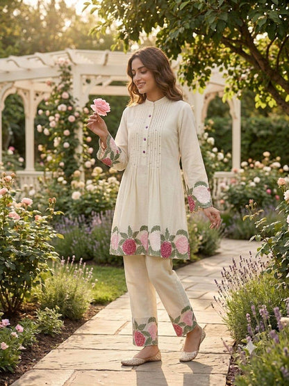 Women’s Roman Fabric Embroidered Co-Ord Set | Stylish Top & Pant Set | Designer Casual Wear