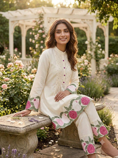 Women’s Roman Fabric Embroidered Co-Ord Set | Stylish Top & Pant Set | Designer Casual Wear
