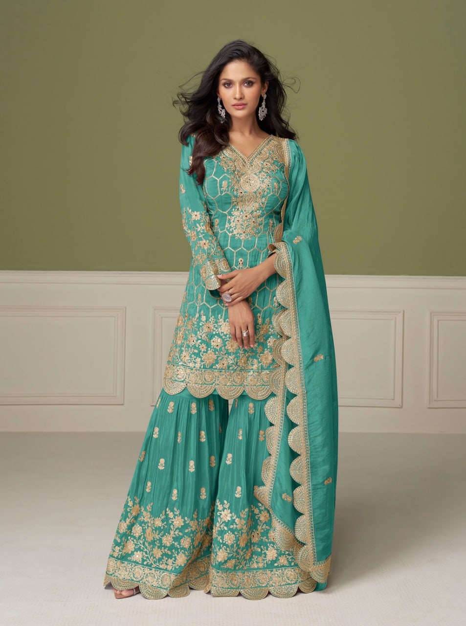women’s heavy salsa fabric kurti palazzo dupatta set | coding & sequence work designer ethnic suit fashion kreza
