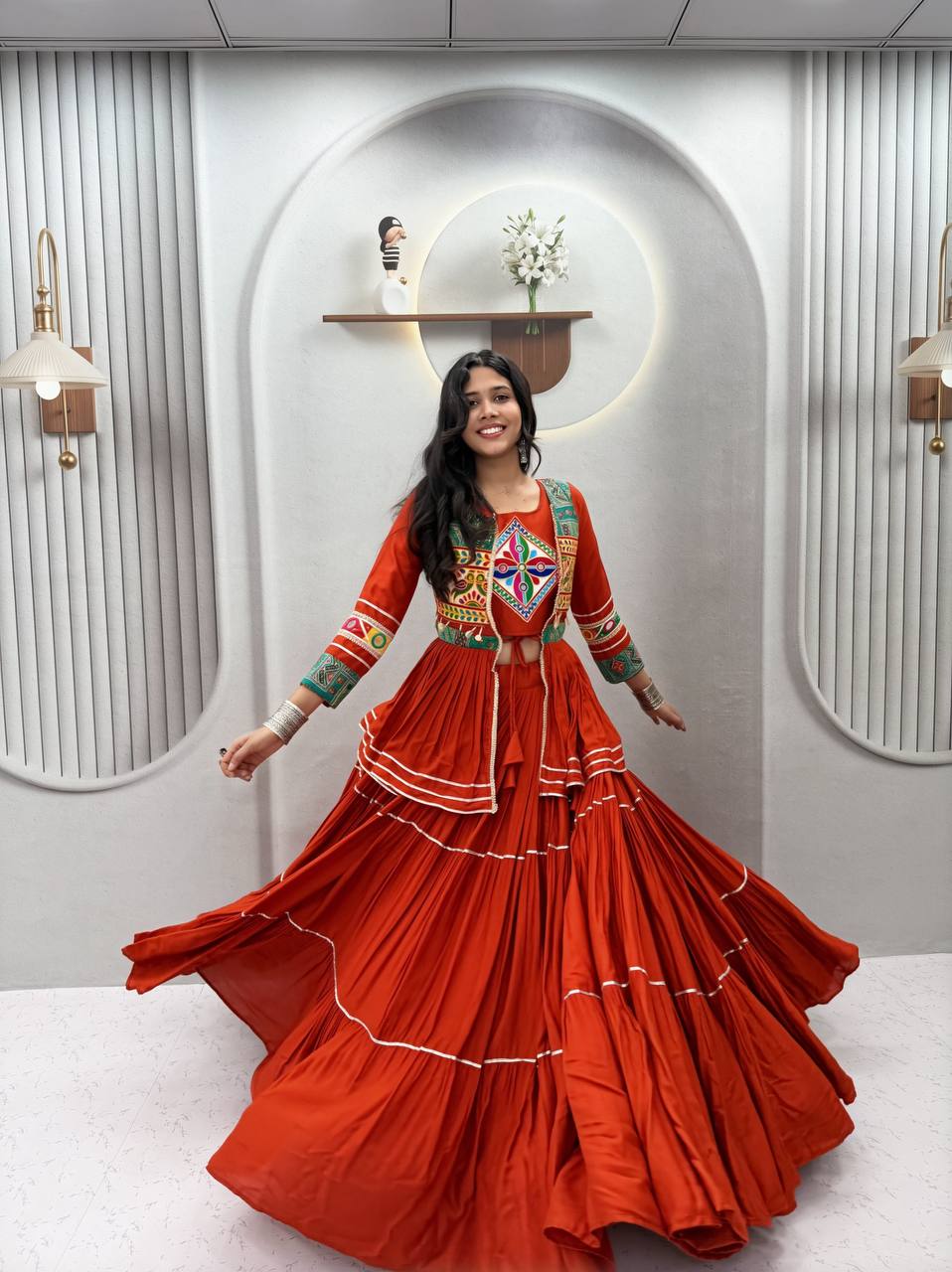 women’s navratri pure cotton lehenga choli with gamathi work | 3 piece koti, choli & 9 meter flair lehenga set