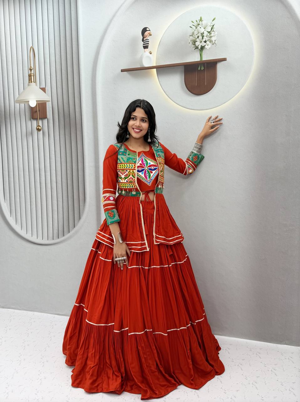 women’s navratri pure cotton lehenga choli with gamathi work | 3 piece koti, choli & 9 meter flair lehenga set