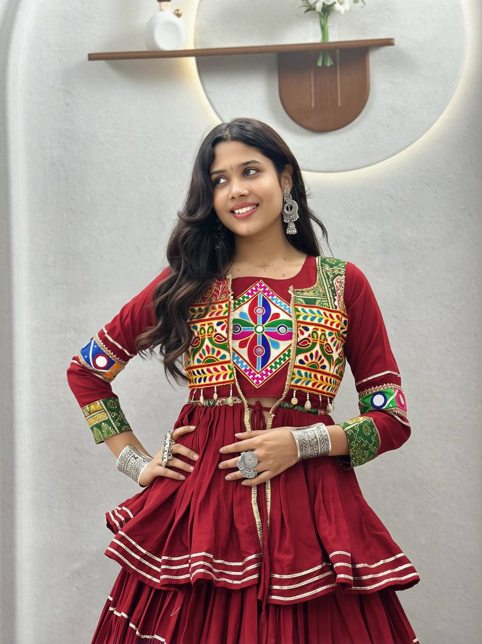 women’s navratri pure cotton lehenga choli with gamathi work | 3 piece koti, choli & 9 meter flair lehenga set