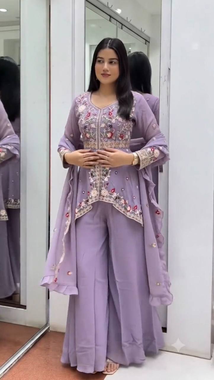 women's rangoli silk embroidered kurti palazzo dupatta set | designer sequence work party wear ethnic suit
