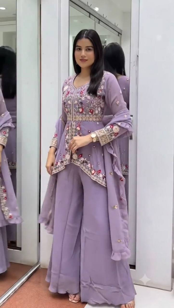 women's rangoli silk embroidered kurti palazzo dupatta set | designer sequence work party wear ethnic suit