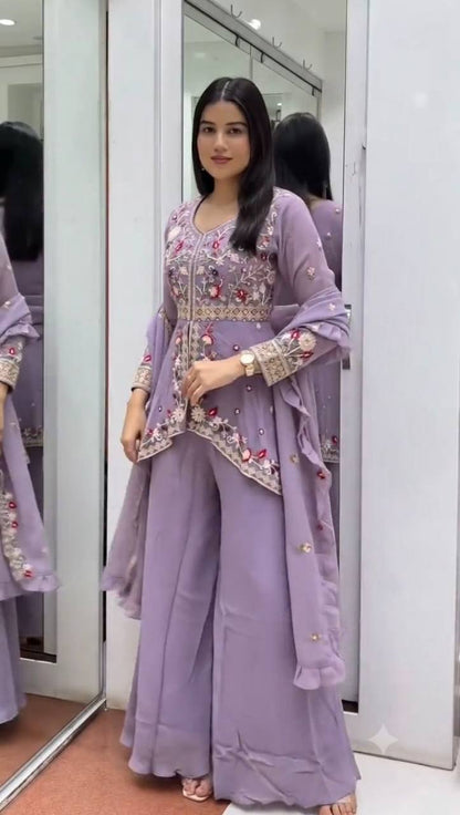 Women's Rangoli Silk Embroidered Kurti Palazzo Dupatta Set | Designer Sequence Work Party Wear Ethnic Suit