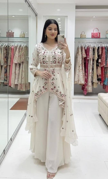 Women's Rangoli Silk Embroidered Kurti Palazzo Dupatta Set | Designer Sequence Work Party Wear Ethnic Suit