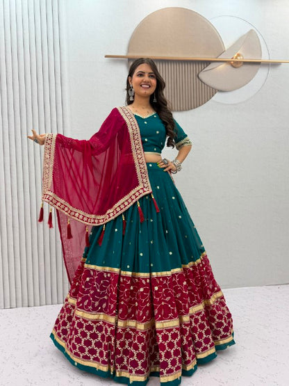 Women’s Fox Georgette Navratri Lehenga Choli Set | Embroidered Sequence Work with Dupatta | 6 Meter Flair