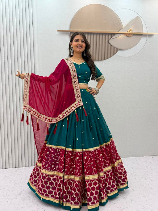 Women’s Fox Georgette Navratri Lehenga Choli Set | Embroidered Sequence Work with Dupatta | 6 Meter Flair