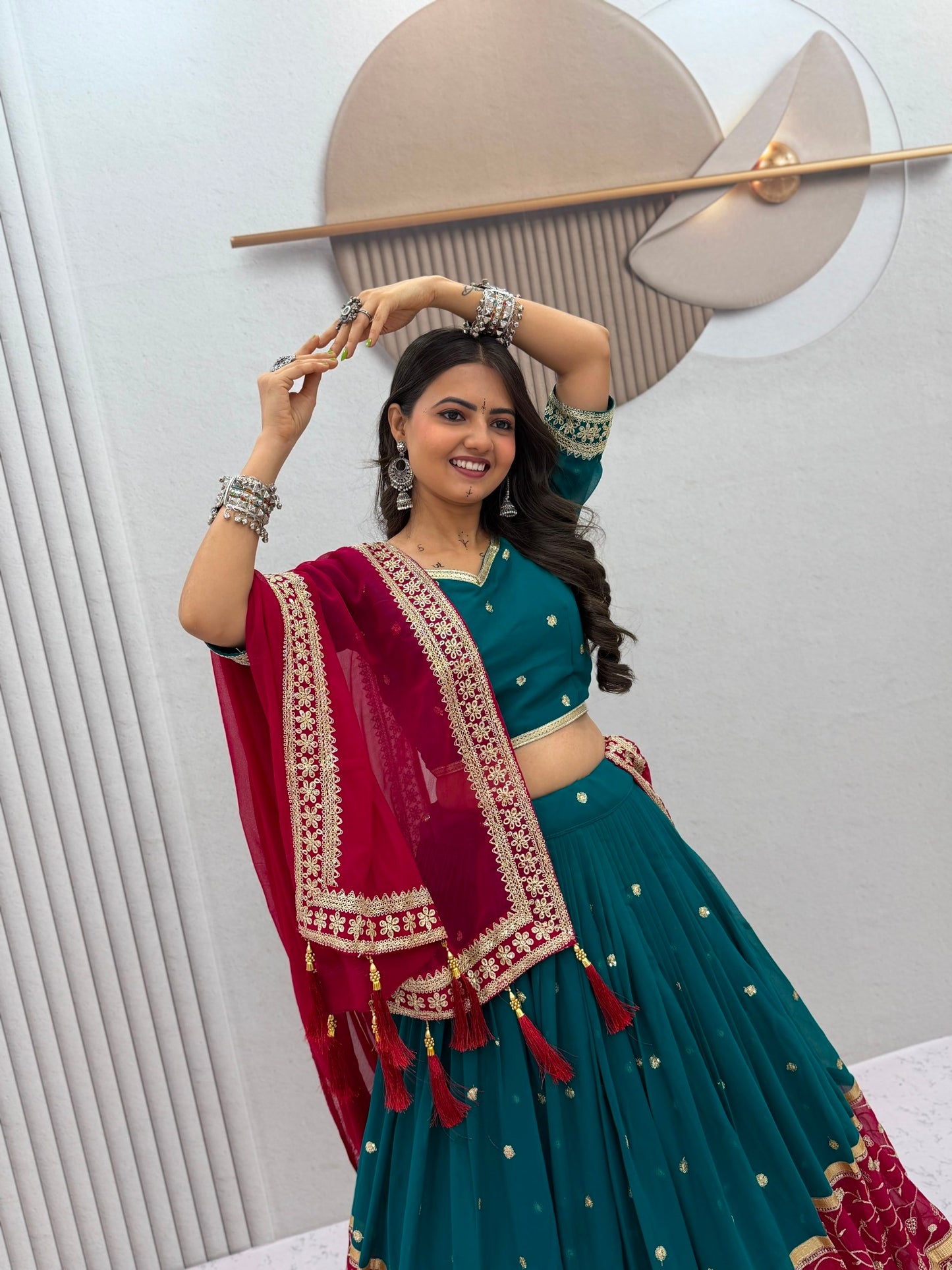women’s fox georgette navratri lehenga choli set | embroidered sequence work with dupatta | 6 meter flair