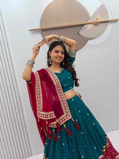 Women’s Fox Georgette Navratri Lehenga Choli Set | Embroidered Sequence Work with Dupatta | 6 Meter Flair