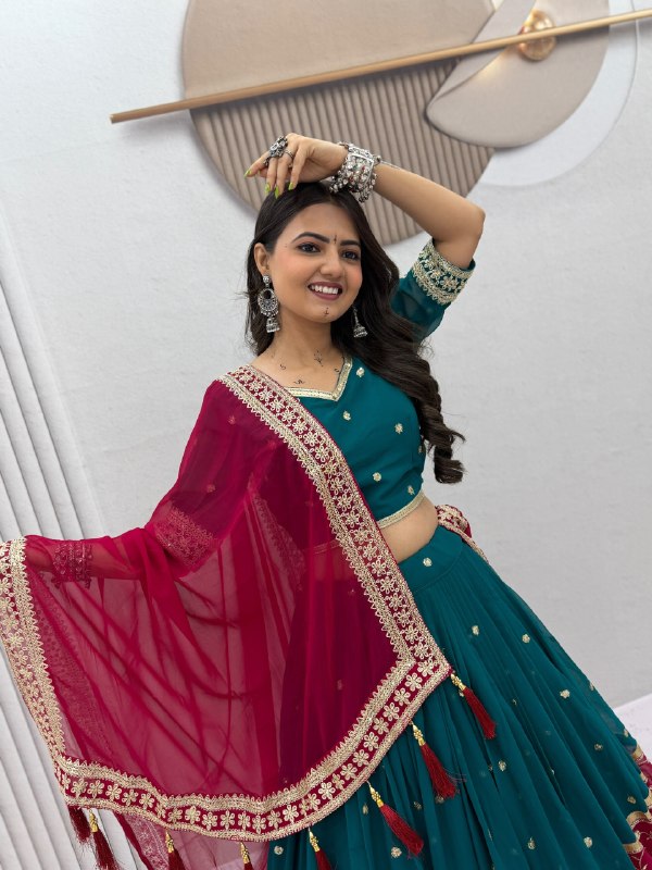 women’s fox georgette navratri lehenga choli set | embroidered sequence work with dupatta | 6 meter flair
