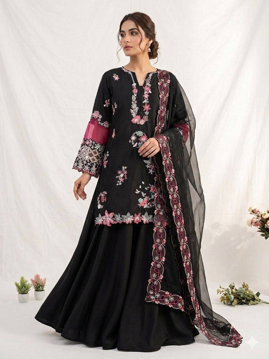 Women's Crape Silk Embroidered Kurti Palazzo Dupatta Set | Sequence Embroidery with Cut Work Designer Ethnic Suit
