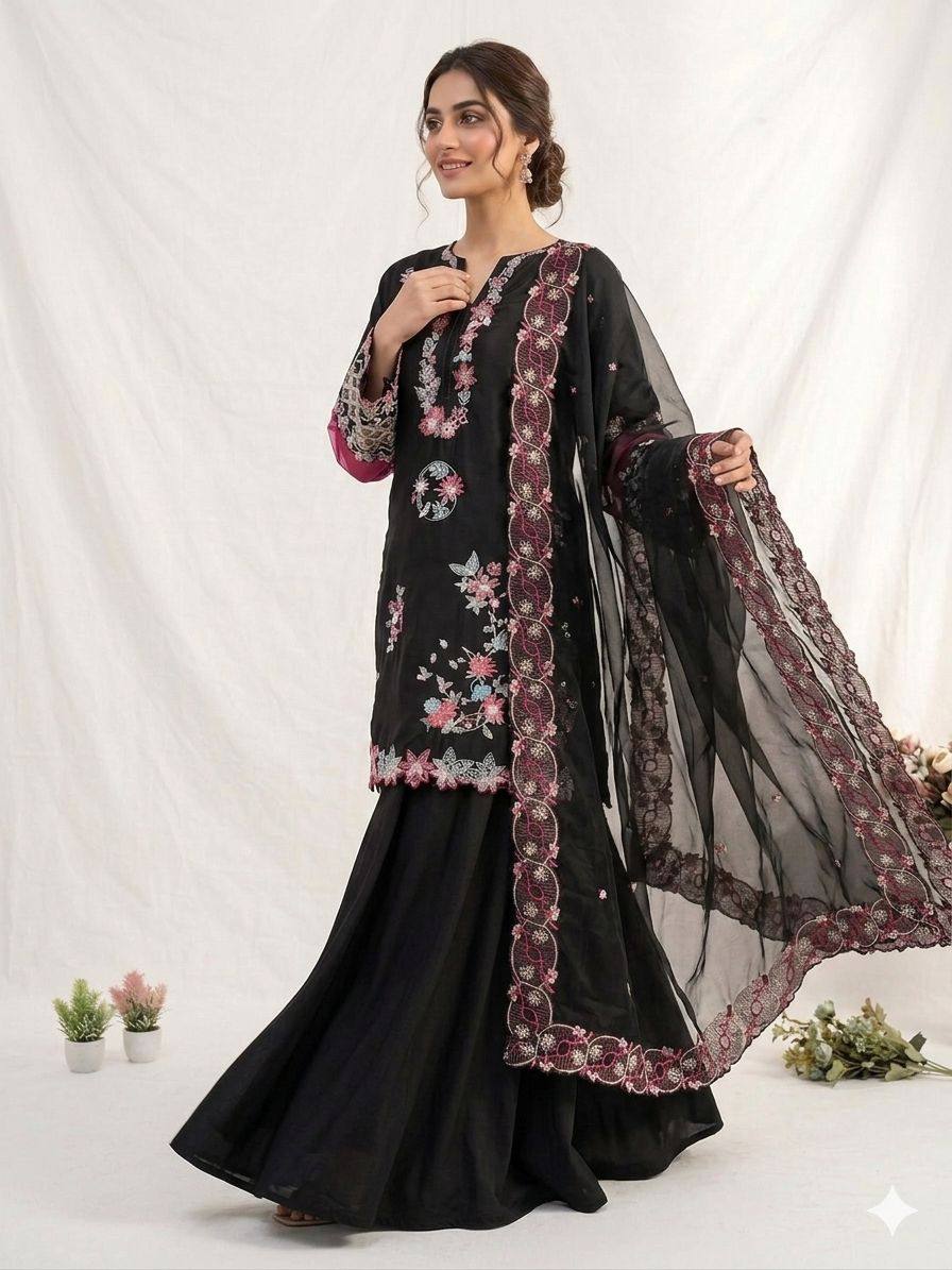 women's crape silk embroidered kurti palazzo dupatta set | sequence embroidery with cut work designer ethnic suit