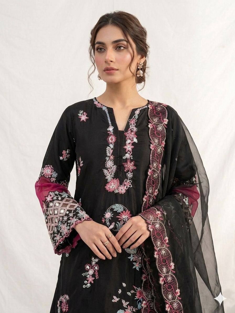 women's crape silk embroidered kurti palazzo dupatta set | sequence embroidery with cut work designer ethnic suit