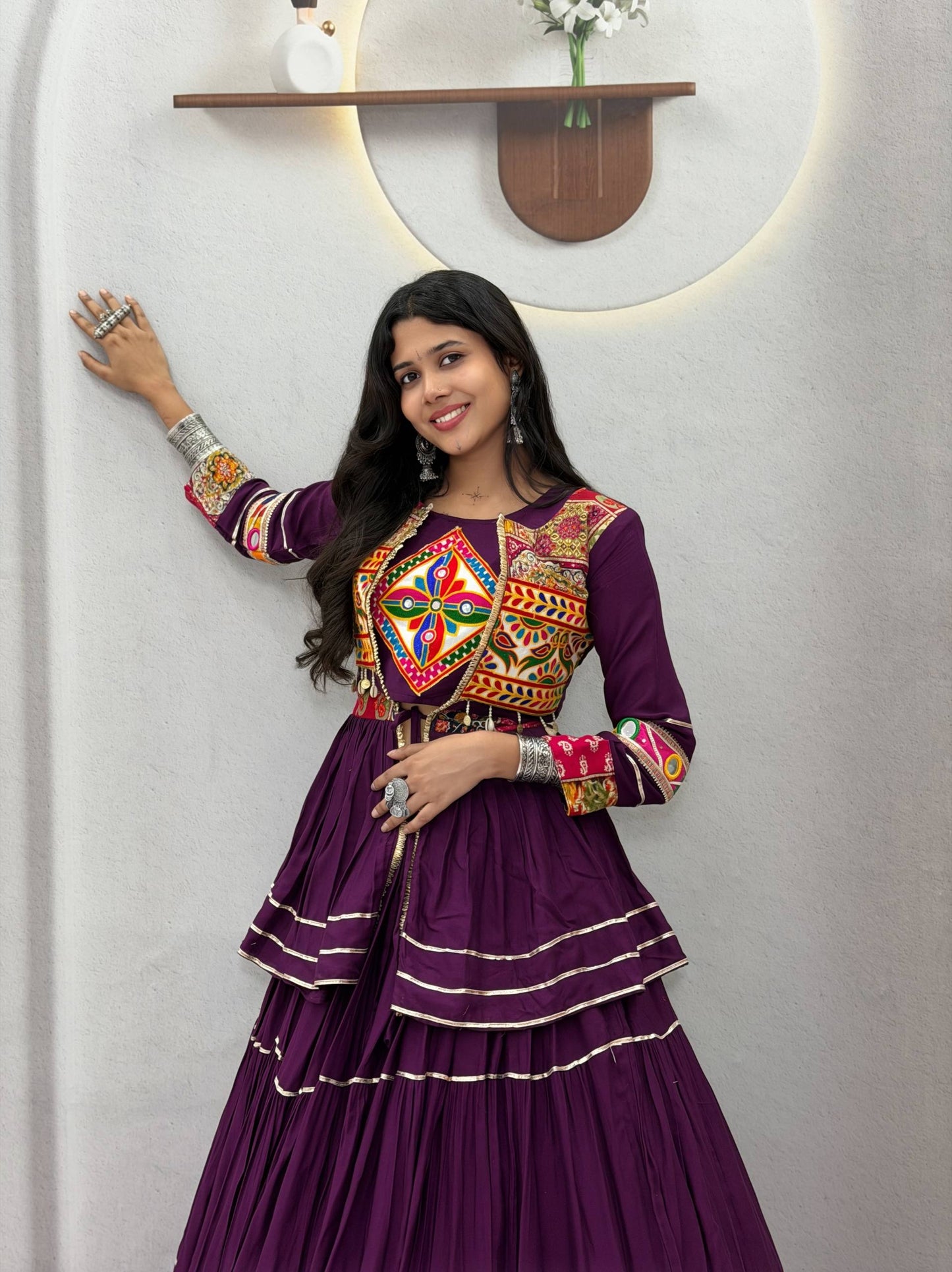 women’s navratri pure cotton gamathi work lehenga choli with koti | 9 meter flair traditional garba outfit