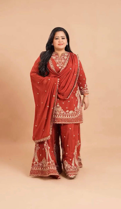 Women’s Chinon Kurti Palazzo Dupatta Set | Embroidered Designer 3 Piece Ethnic Suit with Chinon Dupatta