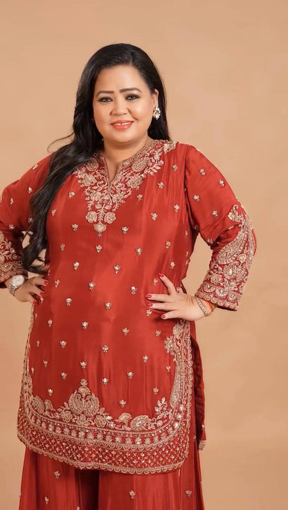 Women’s Chinon Kurti Palazzo Dupatta Set | Embroidered Designer 3 Piece Ethnic Suit with Chinon Dupatta