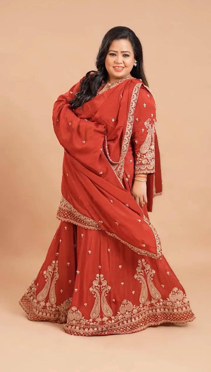 Women’s Chinon Kurti Palazzo Dupatta Set | Embroidered Designer 3 Piece Ethnic Suit with Chinon Dupatta