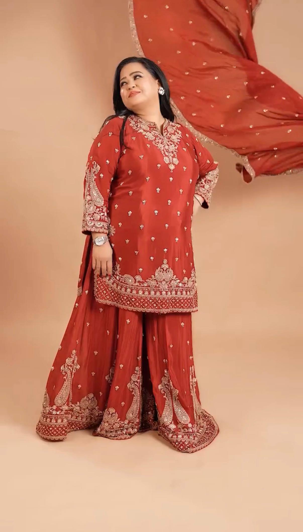 women’s chinon kurti palazzo dupatta set | embroidered designer 3 piece ethnic suit with chinon dupatta