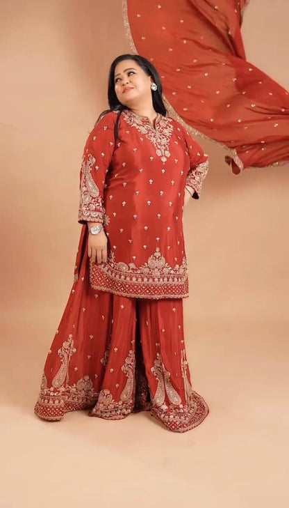 Women’s Chinon Kurti Palazzo Dupatta Set | Embroidered Designer 3 Piece Ethnic Suit with Chinon Dupatta