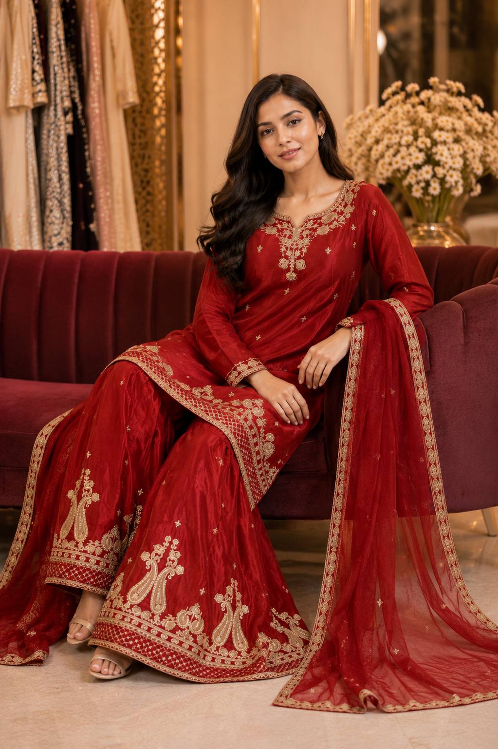 women’s chinon kurti palazzo dupatta set | embroidered designer 3 piece ethnic suit with chinon dupatta
